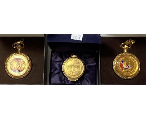 Two Bradford exchange commemorative coin set pocket watches, Longest Reigning Monarch and WWI 100th year anniversary, boxed a