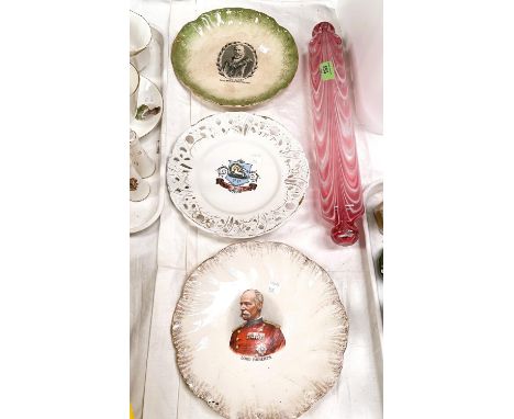 A Victorian novelty glass rolling pin with swirled cranberry and opaque white decoration; 3 commemorative plates 