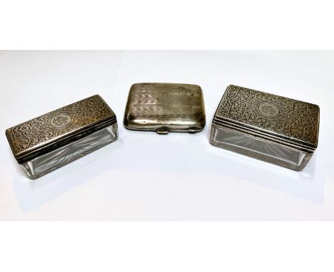 A hallmarked silver cigarette case, Birmingham 1922(dents); 2 silver top trinket boxes, Liverpool 1869, weighable silver, 5oz