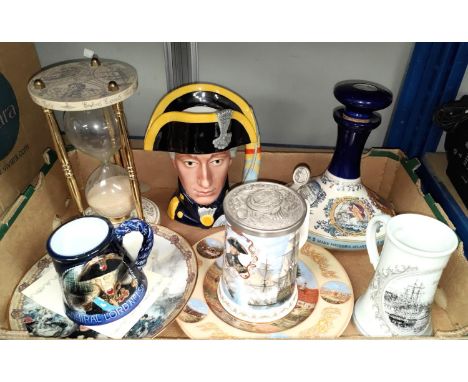 A Royal Worcester Nelson's Trafalgar victory tankard, other Nelson related items, hour glass, Pussers Rum ceramic tankard (em