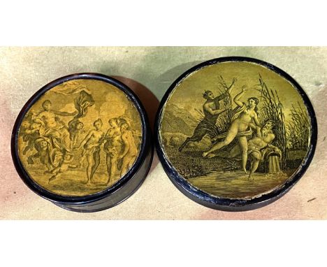 A PATCH BOX, 19th century tortoiseshell with classical engraving, 8cm and another in lacquer work, 9cm.