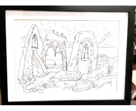 David Wilde, "Cymer Abbey", pen and ink sketch, 24 x 33cm, framed and glazed. 