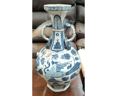 A Chinese blue and white vase in the Yuan manner decorated with birds and double handle, ht. 34cm; A Chinese scroll painting 