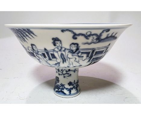 A large Chinese blue and white stem cup with traditional decoration, domestic scene trees plants etc, height 11.5cm, diameter