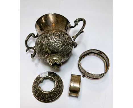 A selection of hallmarked scrap silver including a Georgian 2 handled cup, napkin ring etc, 12oz 