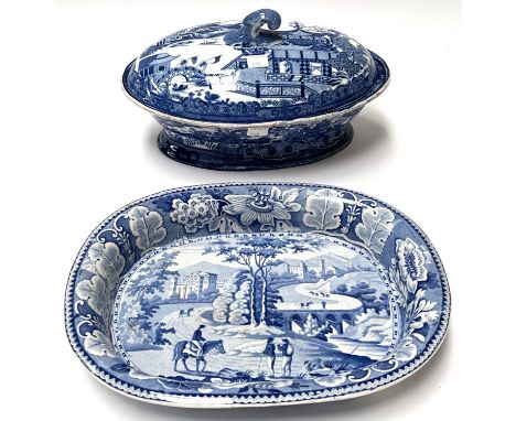 An early 19th century blue and white shallow basin, 'Italian Scenery' pattern, 28cm and an oval semi china Willow Pattern tur