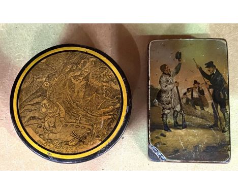 A PATCH BOX, 19th century lacquer work German satirical engraving, 8cm and another with a print of musketeers (damage to corn
