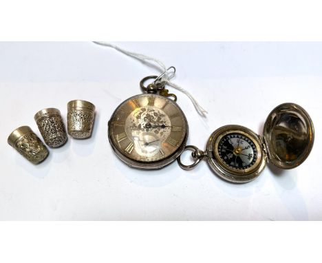 A monogrammed hallmarked silver open faced key wound pocket watch (winds and ticks, no hour hand); a pocket compass and 3 whi