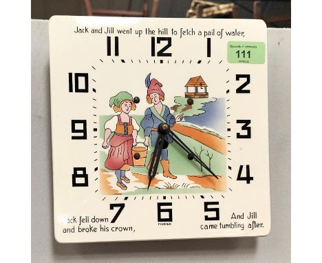 NURSERY CLOCK - a 1950's ceramic clock with applied transfer decoration, 21cm square. 