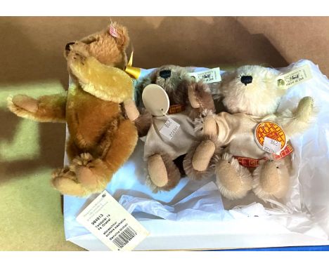 Three Steiff Teddy bears, a Goebel teddy, height 17cm, two Archie Steiff bears light and darker fur 