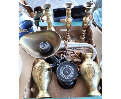 A pair of Japanese brass vases with birds in relief, a pair of brass candle sticks, a military style bugle and a set of vinta