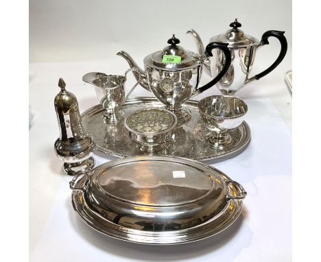 A selection of silver plate:&nbsp; a 4 piece tea/coffee set; a covered entrée dish; cased dessert set; etc. 