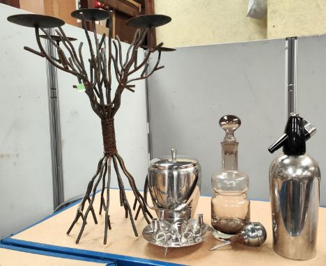 A vintage Caithness smoky glass decanter, a soda syphon etc, a large rustic metal candelabra and a smaller silver on copper d