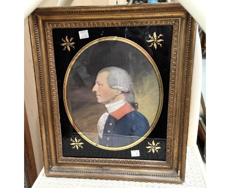 An 18th century watercolour half length portrait of a Naval officer in original gilt frame with Verre Eglomise surround, fami