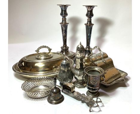 A selection of silver plate including a pair of Georgian style silver on copper candlesticks, an entree dish; an unusual chee