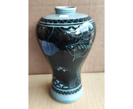 A modern oriental inverted baluster vase decorated with fish in dark blue against a light blue ground, 2 character signatures