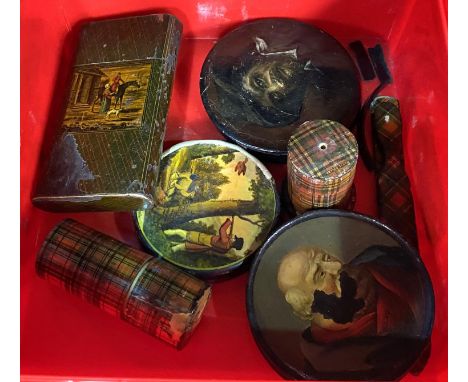 A 19th century lacquer patch box with grotesque portrait; 2 others similar (all a.f.); A 19th century Tartanware cheroot case