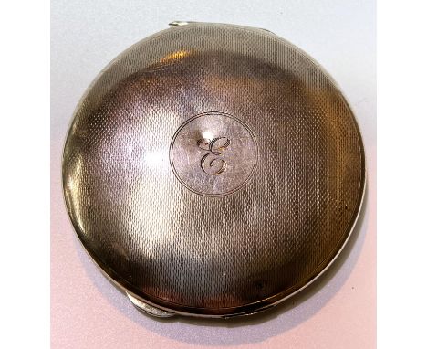 A hallmarked silver powder compact with mirror, engine turned and monogrammed, 2.9 oz 