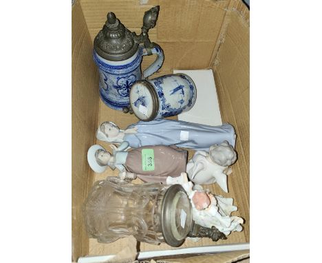 A Lladro cherub; 2 Nao girls and a Leonardo figure "Olivia"; 4 various steins&nbsp; 