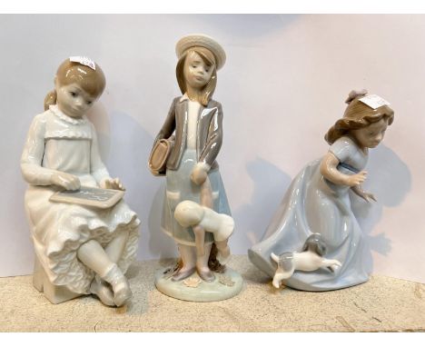 Lladro figure of school girl with doll and a selection of Nao and other figures 