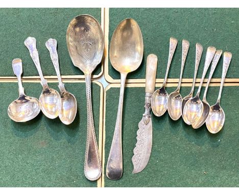 A set of six hall marked silver coffee spoons with incised decoration, Sheffield 1920, 3.8oz other cutlery items a hall mark 