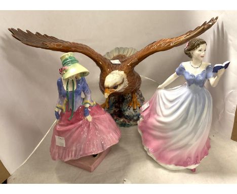 Two Royal Doulton figures:&nbsp; Pantalettes &amp; Sweet Poetry; a Hummel style group; a Beswick eagle (a.f.); decorative chi