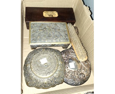 A silver back hand mirror and clothes brush; an Eastern brass box and inkwell; a boxed Sykes hygrometer; 2 books of old maps 