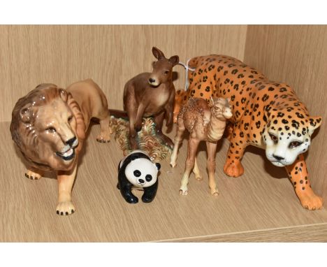 FIVE BESWICK WILD ANIMAL FIGURES, all gloss, comprising Camel foal, model no. 1043, Leopard, model no. 1082, Kangaroo,  model