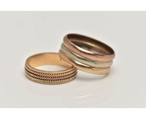 TWO 9CT GOLD TRI COLOUR RINGS, the first a triple band ring, approximate width 8mm, hallmarked 9ct London, the second a yello