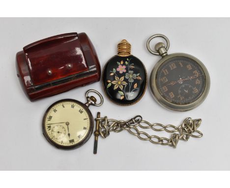 A SILVER POCKET WATCH, MILITARY POCKET WATCH AND OTHER ITEMS, an open face pocket watch, monogram engraving to the case back,