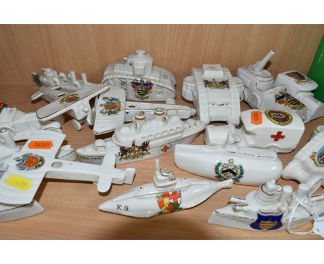 A GROUP OF ASSORTED CRESTED WARE MILITARY WW1 VEHICLES, comprising a Carlton china submarine  with a Dovercourt crest, an Ale