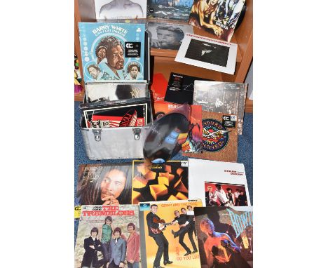 AN ALUMINIUM LP CASE CONTAINING TWENTY FIVE LPS INCLUDING 180gr MODERN LPs comprising of Duke by Genesis, Pin ups by Davis Bo