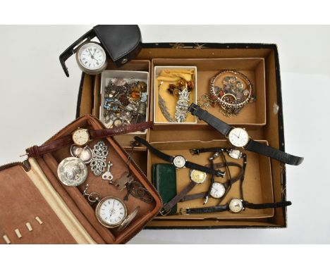 A BOX OF ASSORTED ITEMS, to include a white metal mourning brooch, painted picture of a lady with a basket of flowers, yellow