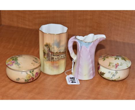 FOUR SMALL PIECES OF ROYAL WORCESTER PORCELAIN, comprising a leaf moulded cream jug, pink glazed, date cypher for 1901, green