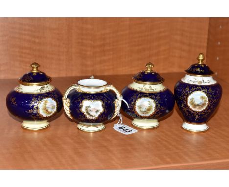 FOUR EARLY 20TH CENTURY SMALL COALPORT VASES, THREE BEING POT POURRI WITH COVERS, all with blue, pale yellow and gilt grounds