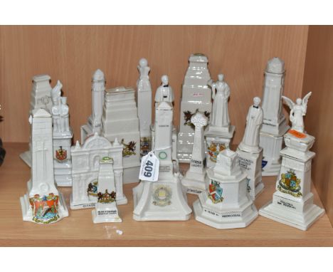 A COLLECTION OF CRESTED WARE IN THE FORM OF WAR MEMORIALS, to include a Goss model of the Cenotaph in Whitehall, two monument