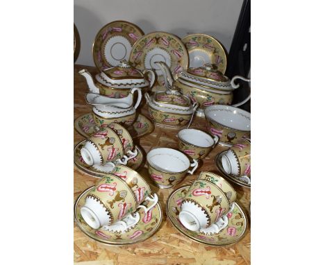 AN EARLY 19TH CENTURY SWANSEA PORCELAIN TEA SERVICE, pattern no. 257, decorated with pink and green scrolls and gilt pineappl