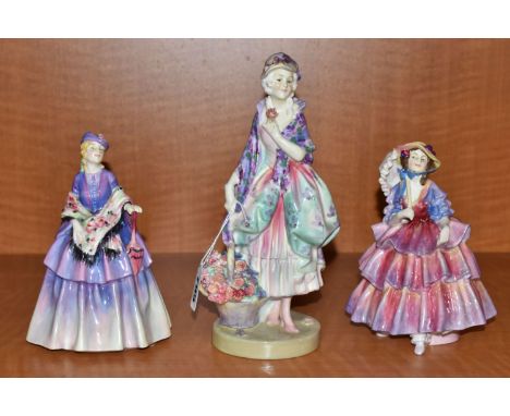THREE ROYAL DOULTON FIGURINES, comprising Phyllis HN1420 (restored, crazing, hairlines), Anthea HN1527 (some restoration, lig