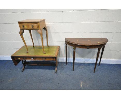 A REGENCY STYLE DROP END SOFA TABLE, with green leather insert and two drawers width 100cm x depth 51cm x height 52cm, along 