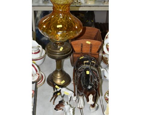 A GROUP OF FOUR BESWICK WHITE AND BROWN GLOSS FOALS, ANOTHER FOAL, A SHIRE HORSE WITH WOODEN CART AND A 20TH CENTURY BRASS BA