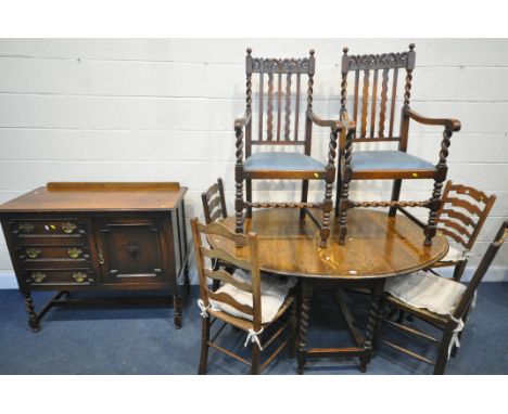 AN OAK BARLEY TWIST GATE LEG DINING TABLE, width 107cm x depth 49cm x height 94cm, six various chairs, including two carvers 