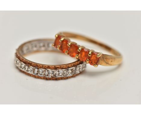 TWO 9CT GOLD RINGS, the first claw set with five oval cut orange gems, assessed as paste, ring size P, the second an eternity