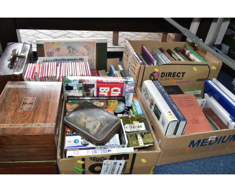 FOUR BOXES OF BOOKS, MAPS AND SUNDRIES, to include a Tunbridge Ware hinged sewing box, width 30cm x depth 22cmx height 13cm, 