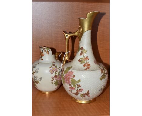 TWO ROYAL WORCESTER IVORY GROUND EWERS, both printed and painted with sprays of flowers, the taller ewer stamped 'Patent Meta