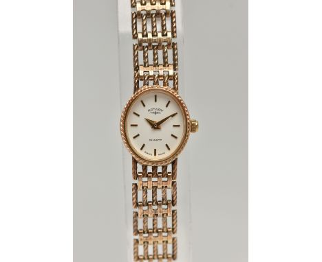 A 9CT GOLD ROTARY WRISTWATCH, oval cream dial with hourly applied markers, dial signed Rotary Quartz Swiss Made, the watch is