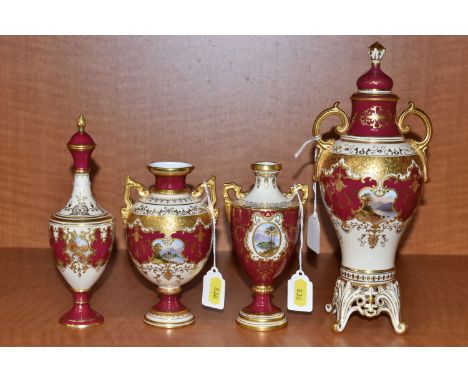 FOUR EARLY 20TH CENTURY COALPORT CLARET, GILT AND  IVORY GROUND CABINET VASES, comprising a twin handled baluster vase and co