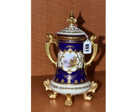 AN EARLY 20TH CENTURY COALPORT TWIN HANDLED BELL SHAPED VASE AND COVER, blue, pale yellow and gilt ground, hand painted with 