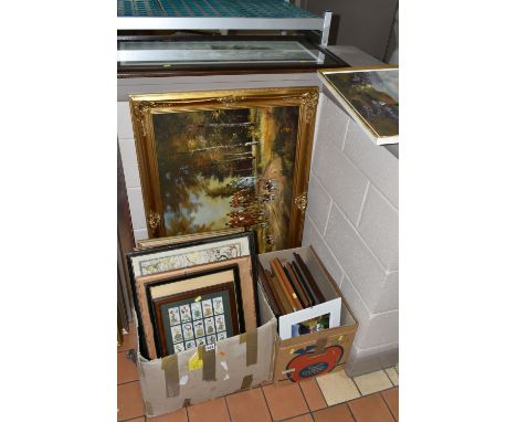 TWO BOXES AND LOOSE PICTURES AND PRINTS ETC, to include a hunting scene signed C. V. Kooten, oil on canvas, approximate size 