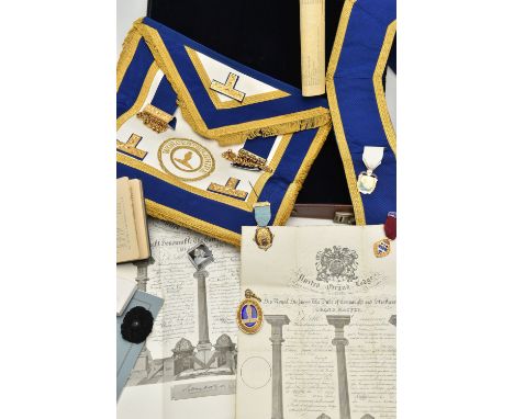 A BRIEFCASE AND MASONIC REGALIA, brown briefcase together with a blue, white and gold detailed 'Worcestershire' apron, matchi