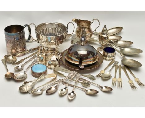 A BOX OF SILVER AND SILVER PLATE WARE, to include a double handled raised bowl, hallmarked Birmingham, rubbed sponsors mark, 